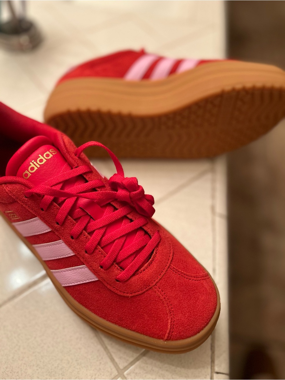 adidas women’s Gazelle Red Suede Sneakers with White Stripes and Gum Sole